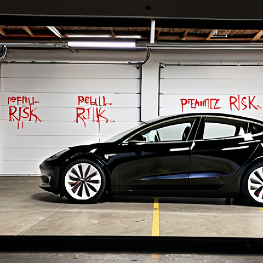 **

A split-screen image. On one side, a modern Tesla Model 3 parked in a safe, well-lit garage. On the other side, a similar Tesla Model 3 parked on a dark, poorly lit city street with graffiti on nearby walls. The text overlay reads: "Minimize Risk = Lower Premiums."

**