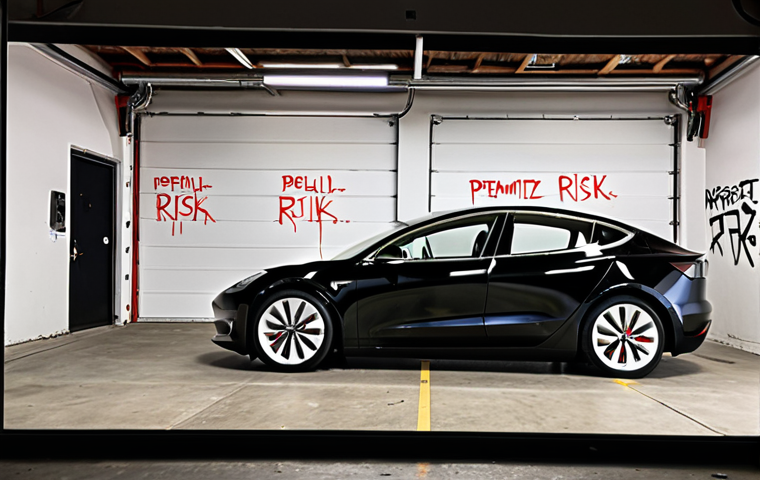**
A split-screen image. On one side, a modern Tesla Model 3 parked in a safe, well-lit garage. On the other side, a similar Tesla Model 3 parked on a dark, poorly lit city street with graffiti on nearby walls. The text overlay reads: "Minimize Risk = Lower Premiums."
**